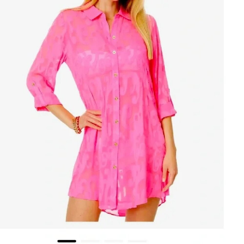 Lilly Pulitzer Natalie Shirtdress Beach Swim Cover Up Neon Pink sz Medium